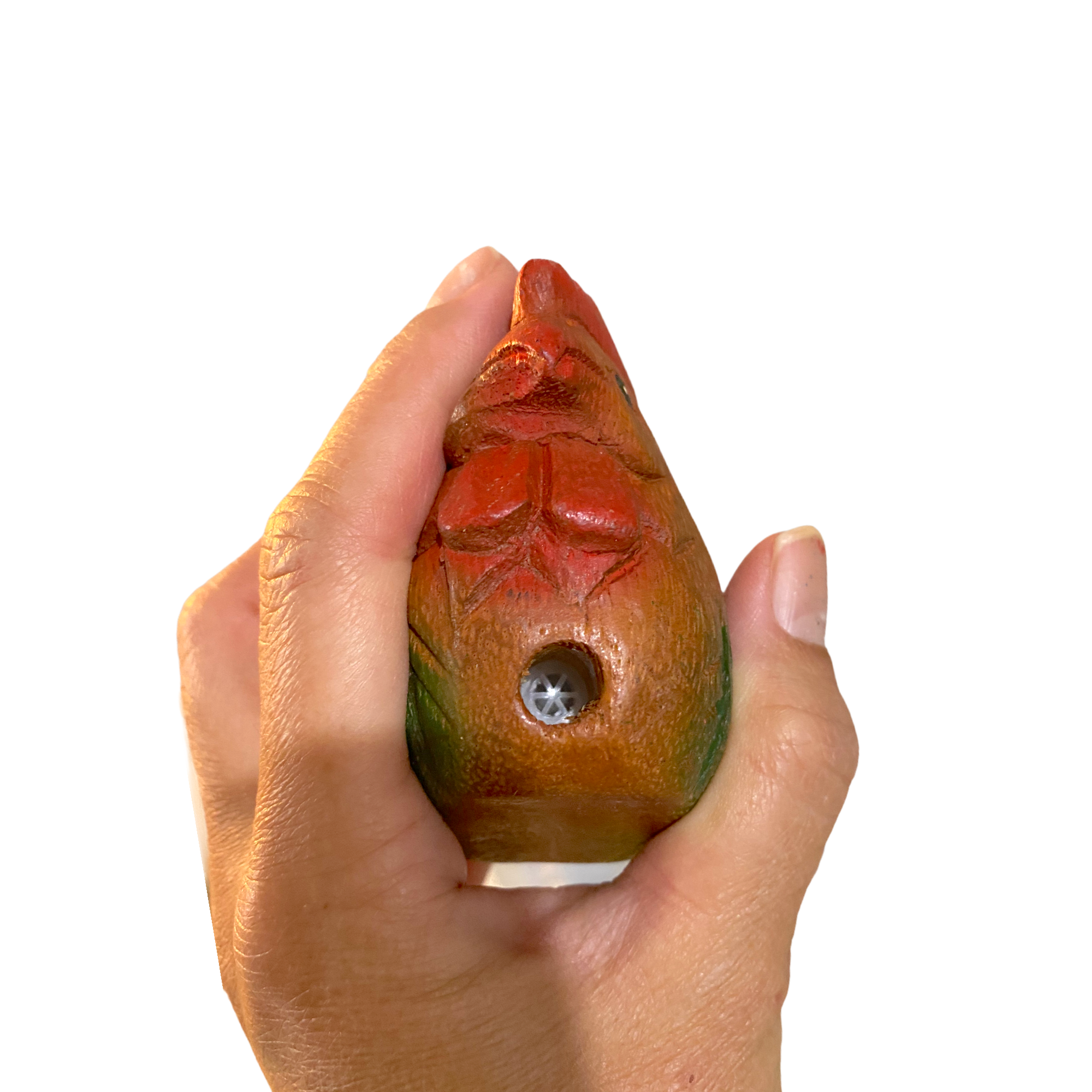 Colorful hand-painted wooden rooster musical whistle instrument, showcasing vibrant colors and intricate details.