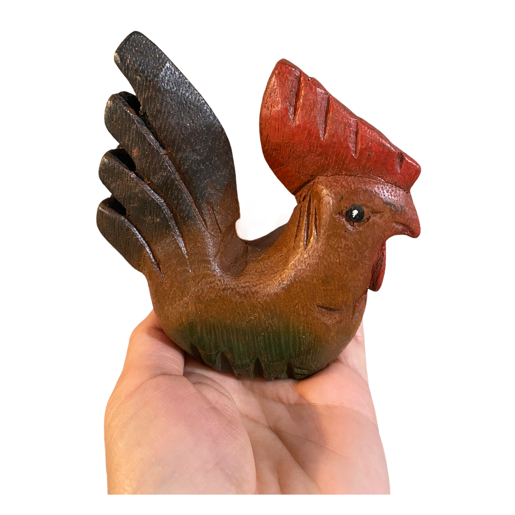 Colorful hand-painted wooden rooster musical whistle instrument, showcasing vibrant colors and intricate details.
