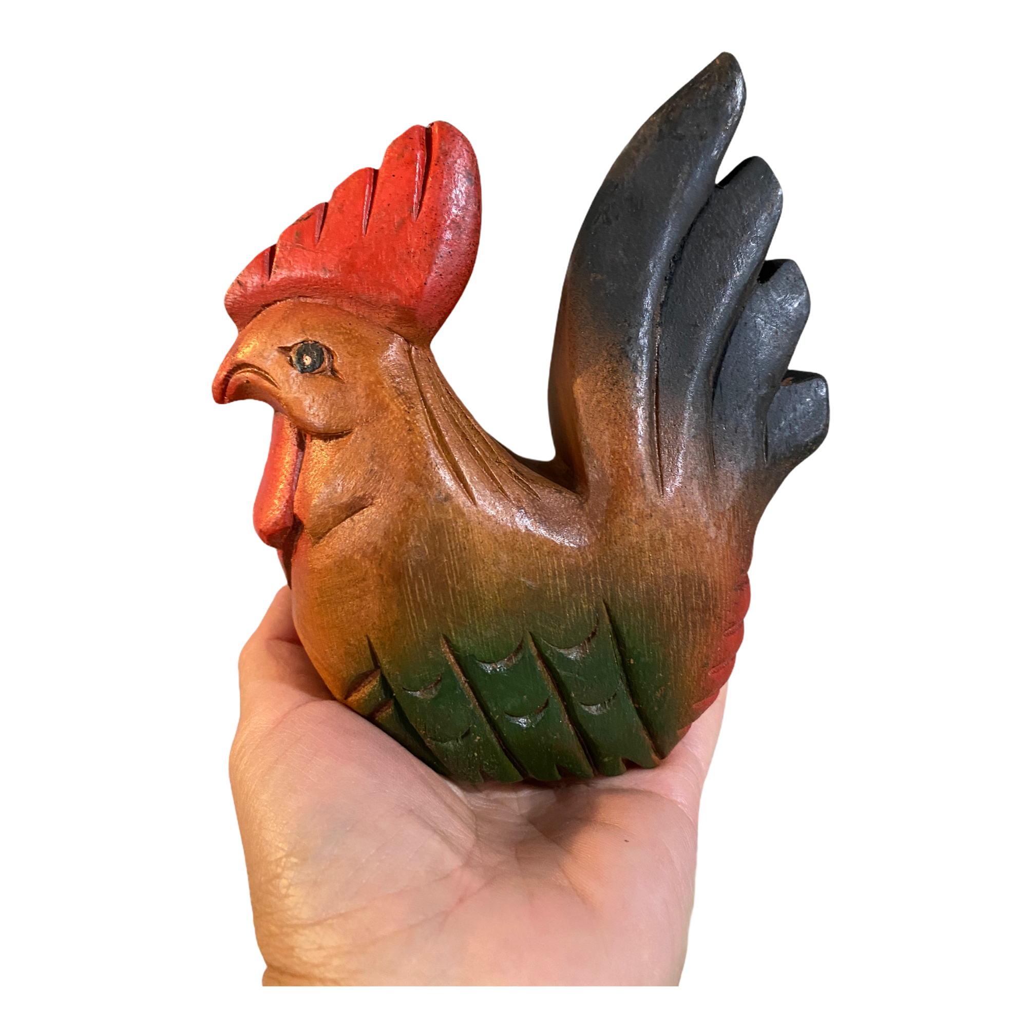 Colorful hand-painted wooden rooster musical whistle instrument, showcasing vibrant colors and intricate details.