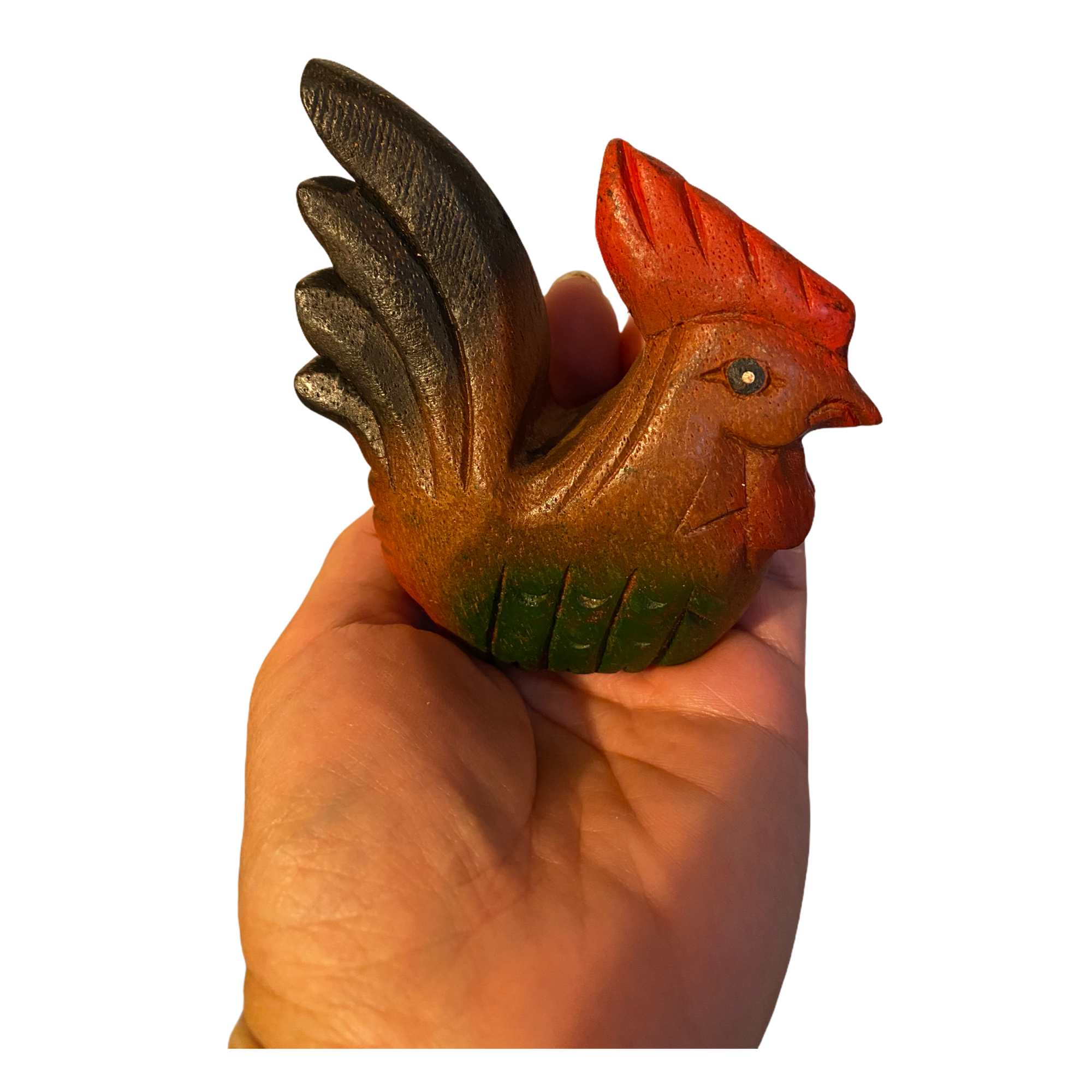 Colorful hand-painted wooden rooster musical whistle instrument, showcasing vibrant colors and intricate details.