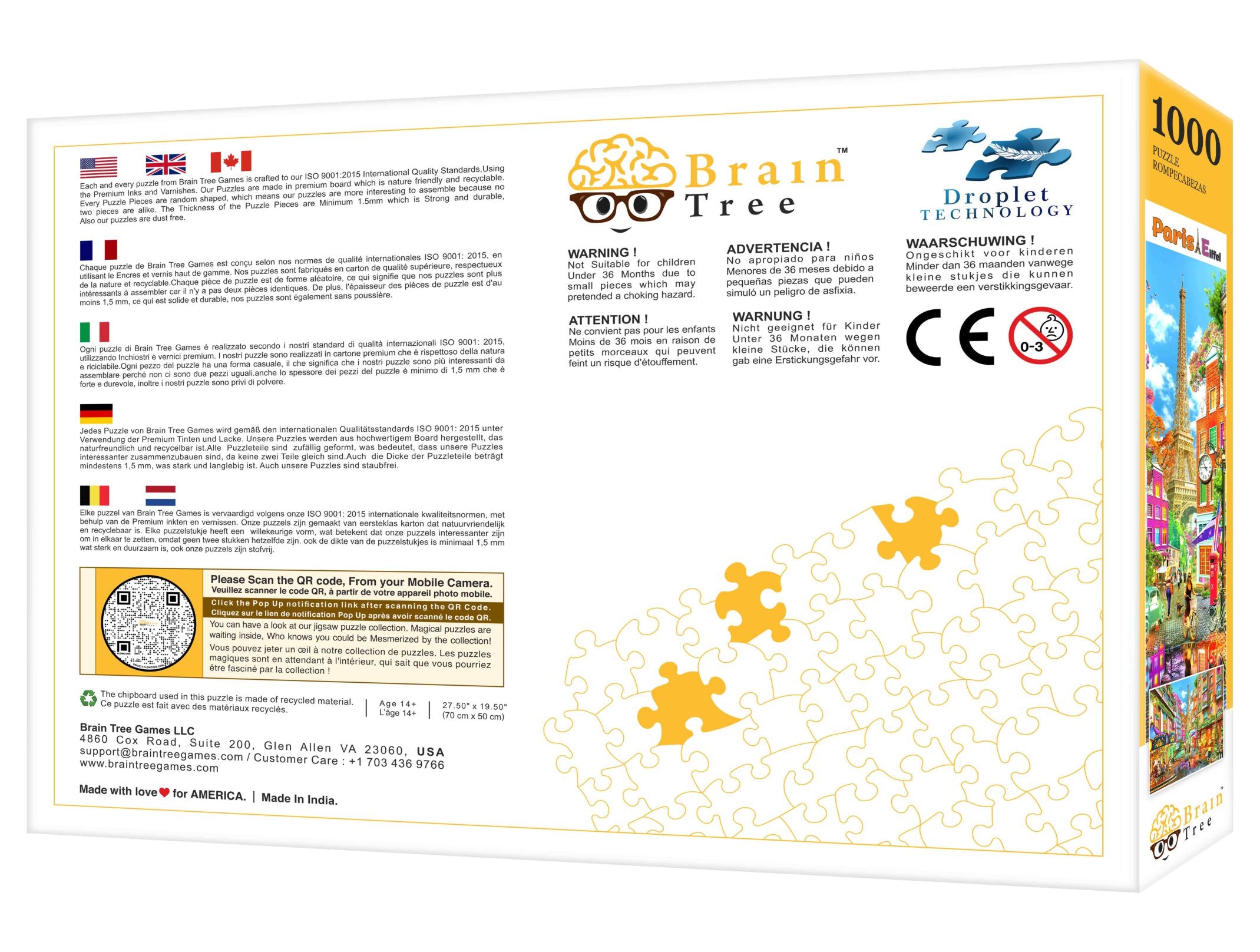 A beautifully designed 1000 piece jigsaw puzzle featuring the Eiffel Tower in Paris, showcasing vibrant colors and intricate details.