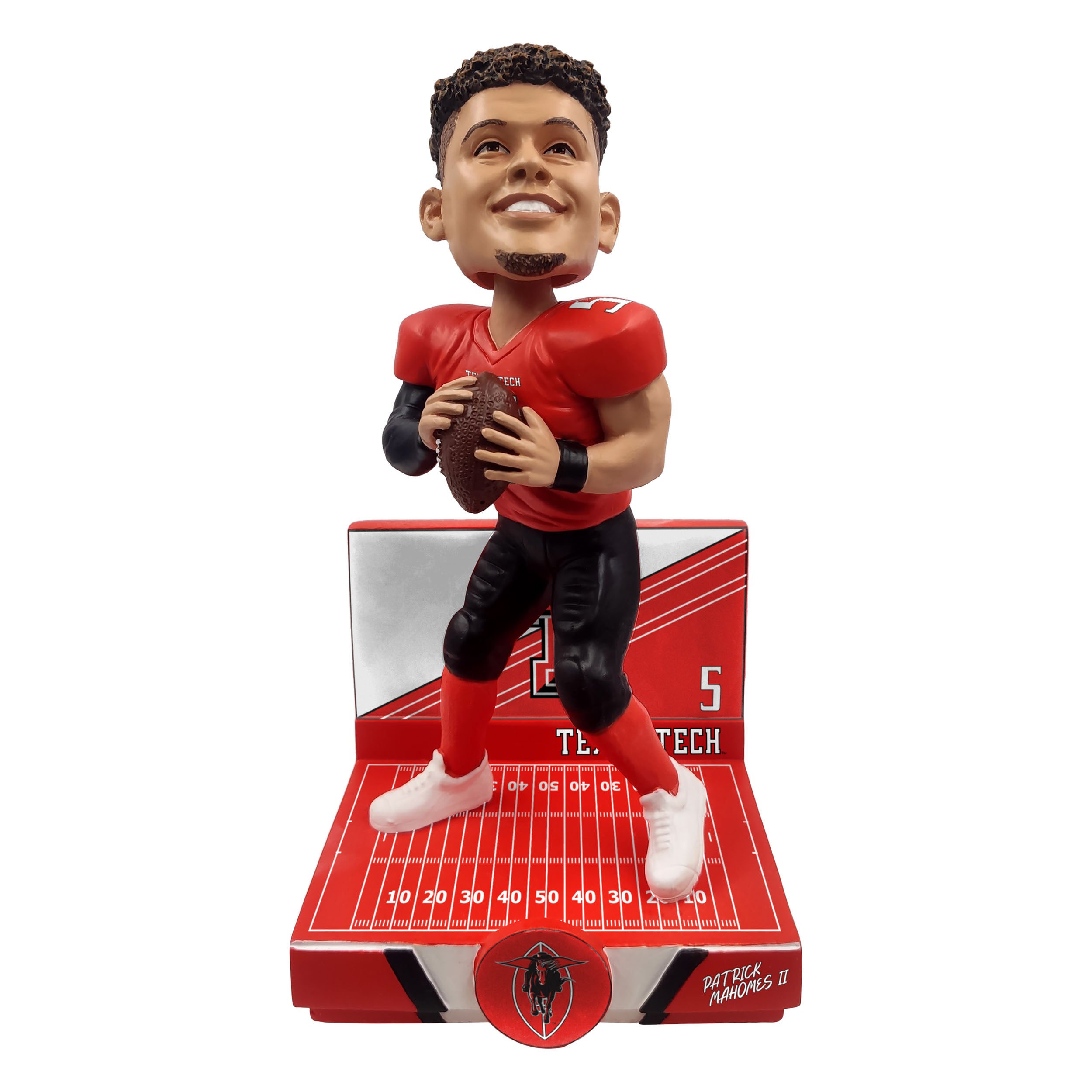 Handcrafted Patrick Mahomes Texas Tech #5 bobblehead, showcasing intricate details and vibrant colors, perfect for display.