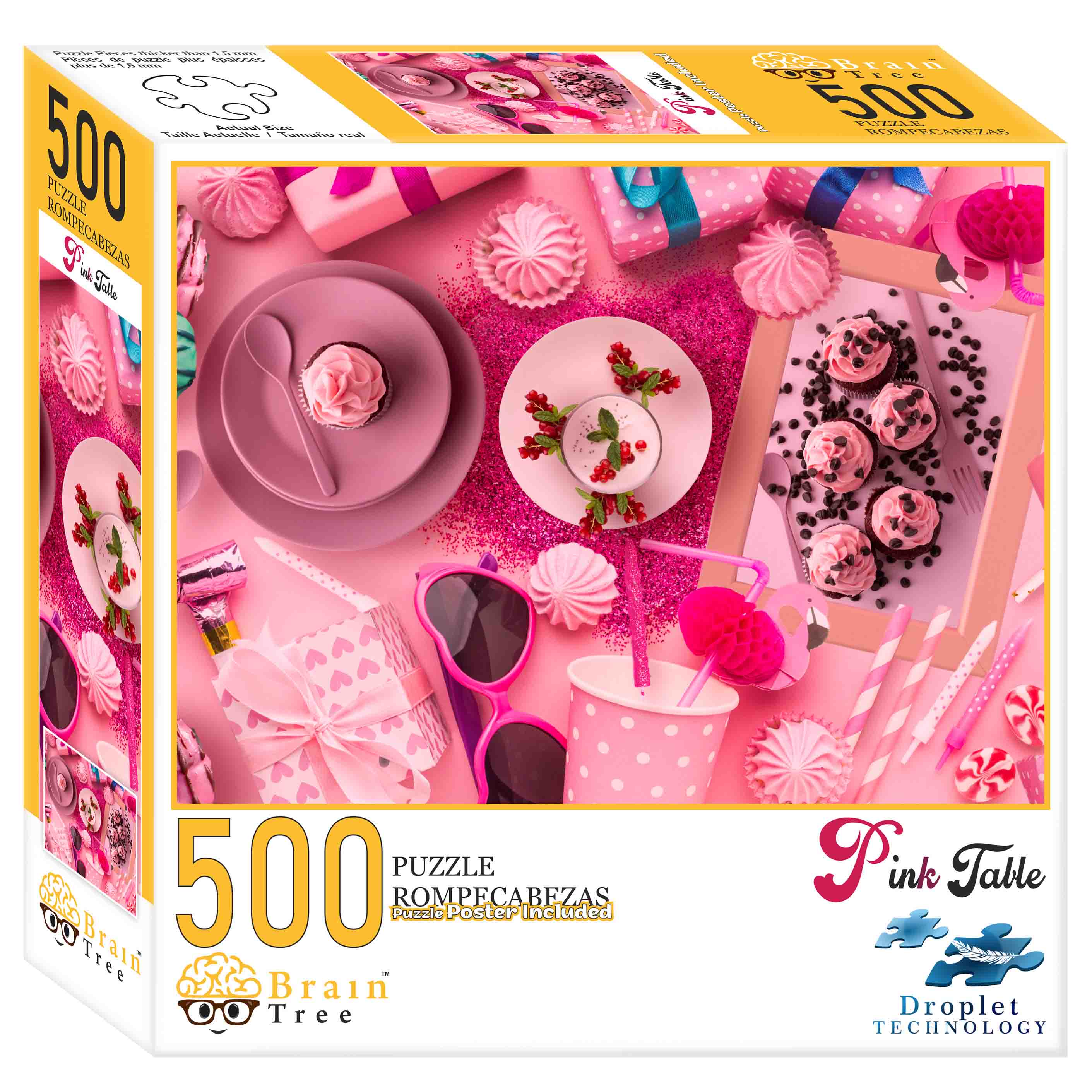 A vibrant 500-piece jigsaw puzzle featuring a pink table adorned with nostalgic items and foods, perfect for puzzle enthusiasts.