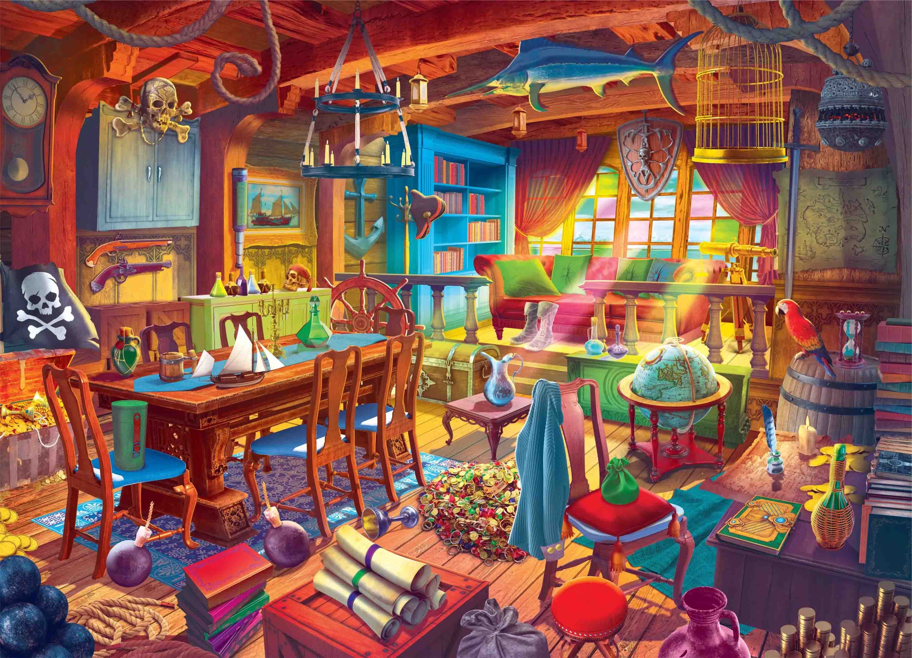 A colorful and detailed 1000 piece pirate puzzle showcasing a pirate cabin scene with intricate designs.