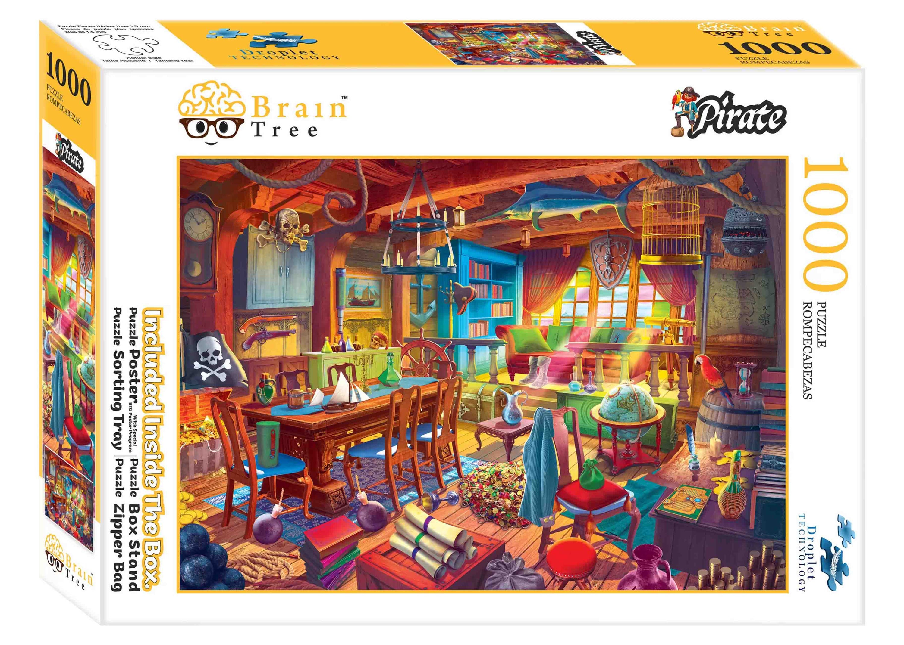 A colorful and detailed 1000 piece pirate puzzle showcasing a pirate cabin scene with intricate designs.