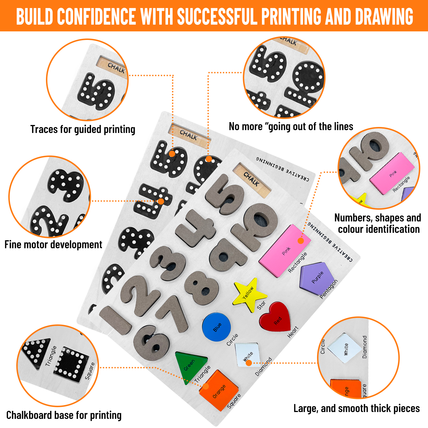 A colorful Preschool Chalkboard Puzzle featuring numbers, shapes, and colors designed for young learners to trace and practice writing.