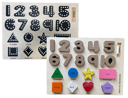 A colorful Preschool Chalkboard Puzzle featuring numbers, shapes, and colors designed for young learners to trace and practice writing.