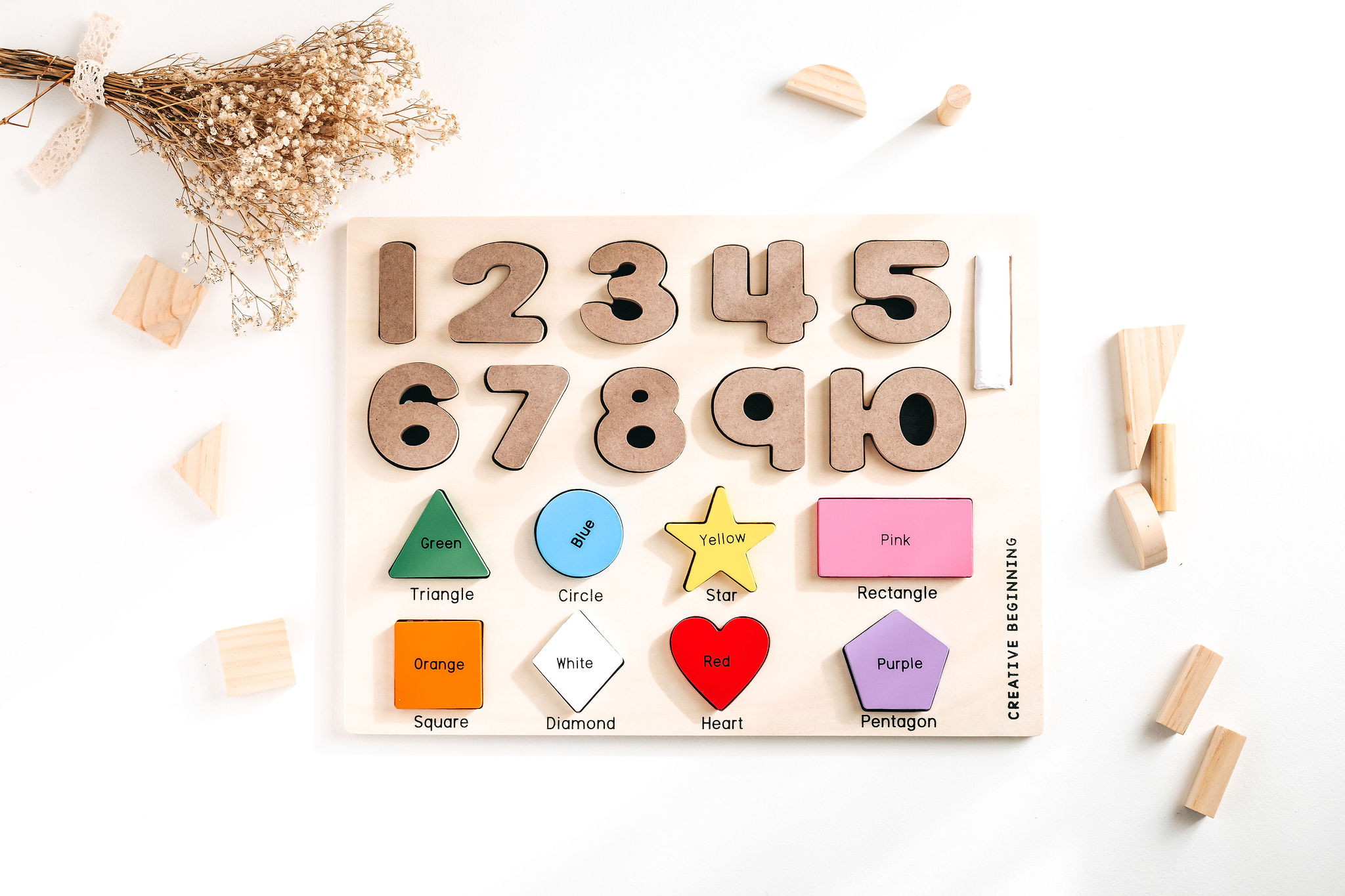 A colorful Preschool Chalkboard Puzzle featuring numbers, shapes, and colors designed for young learners to trace and practice writing.