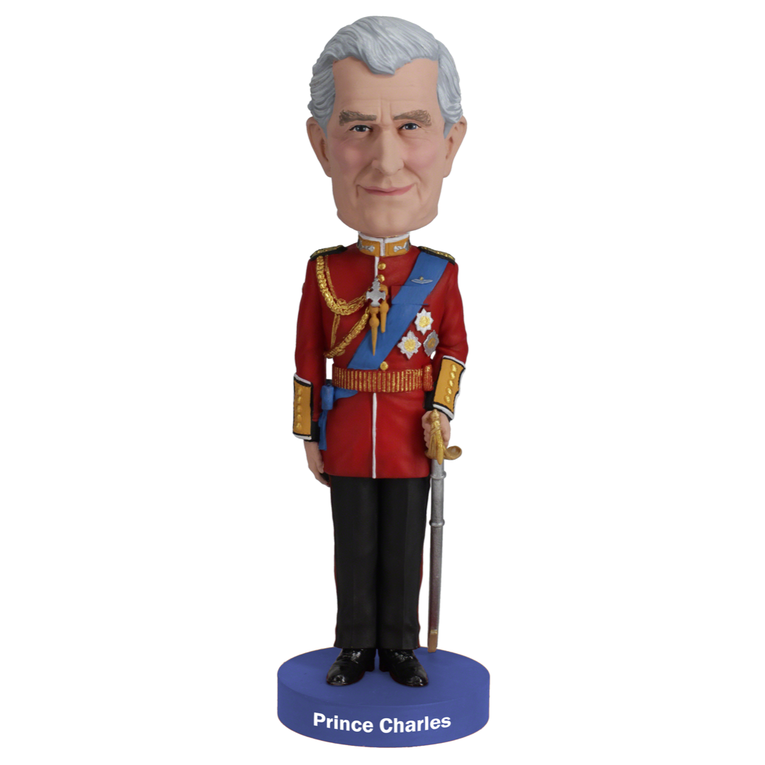 A detailed Prince Charles Bobblehead featuring his royal attire and likeness, perfect for collectors.