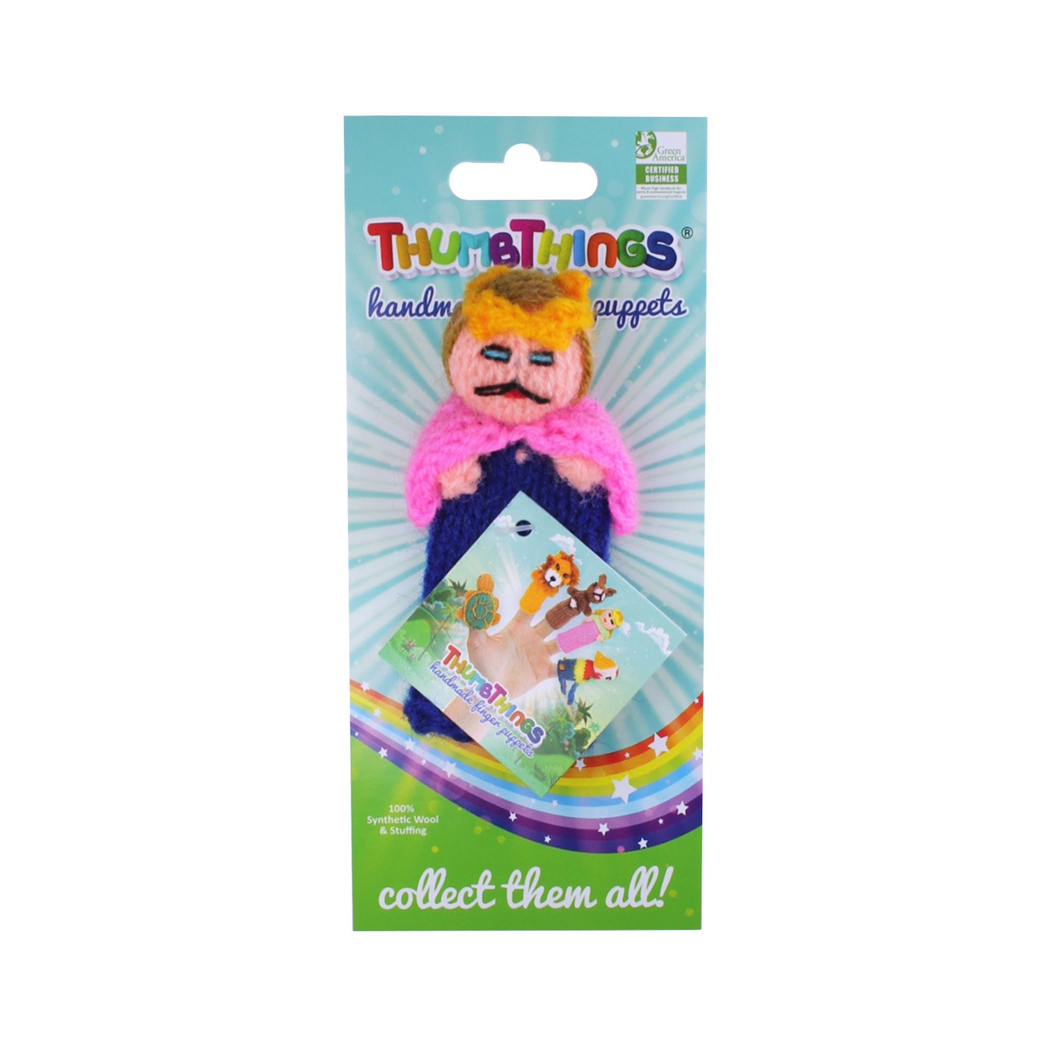 Handcrafted Prince Charming Finger Puppet in blue, made from eco-friendly materials by Peruvian artisans, showcasing unique design and vibrant colors.