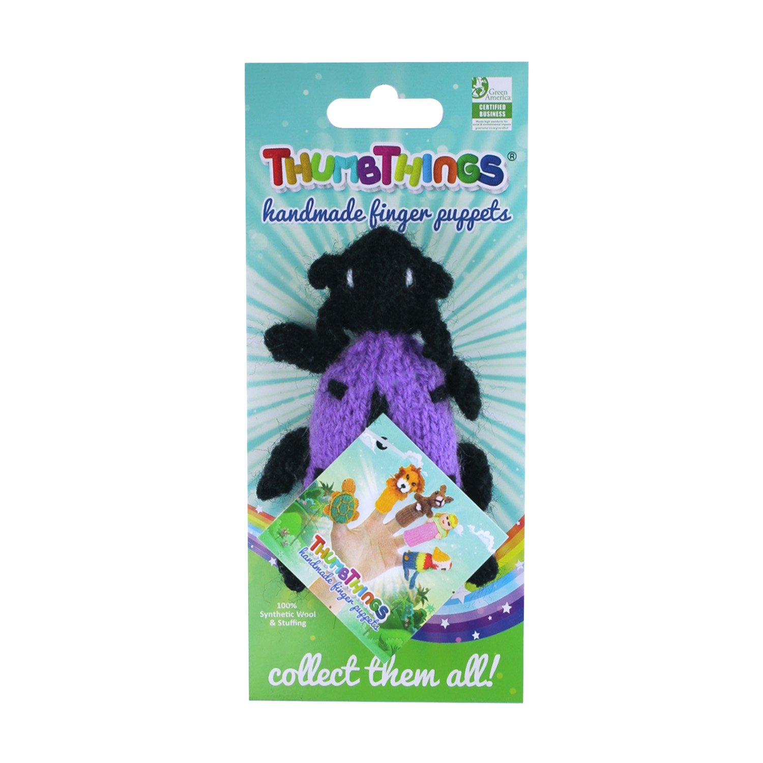 Handcrafted Purple Jewel Beetle finger puppet made from eco-friendly materials, showcasing vibrant colors and unique design.