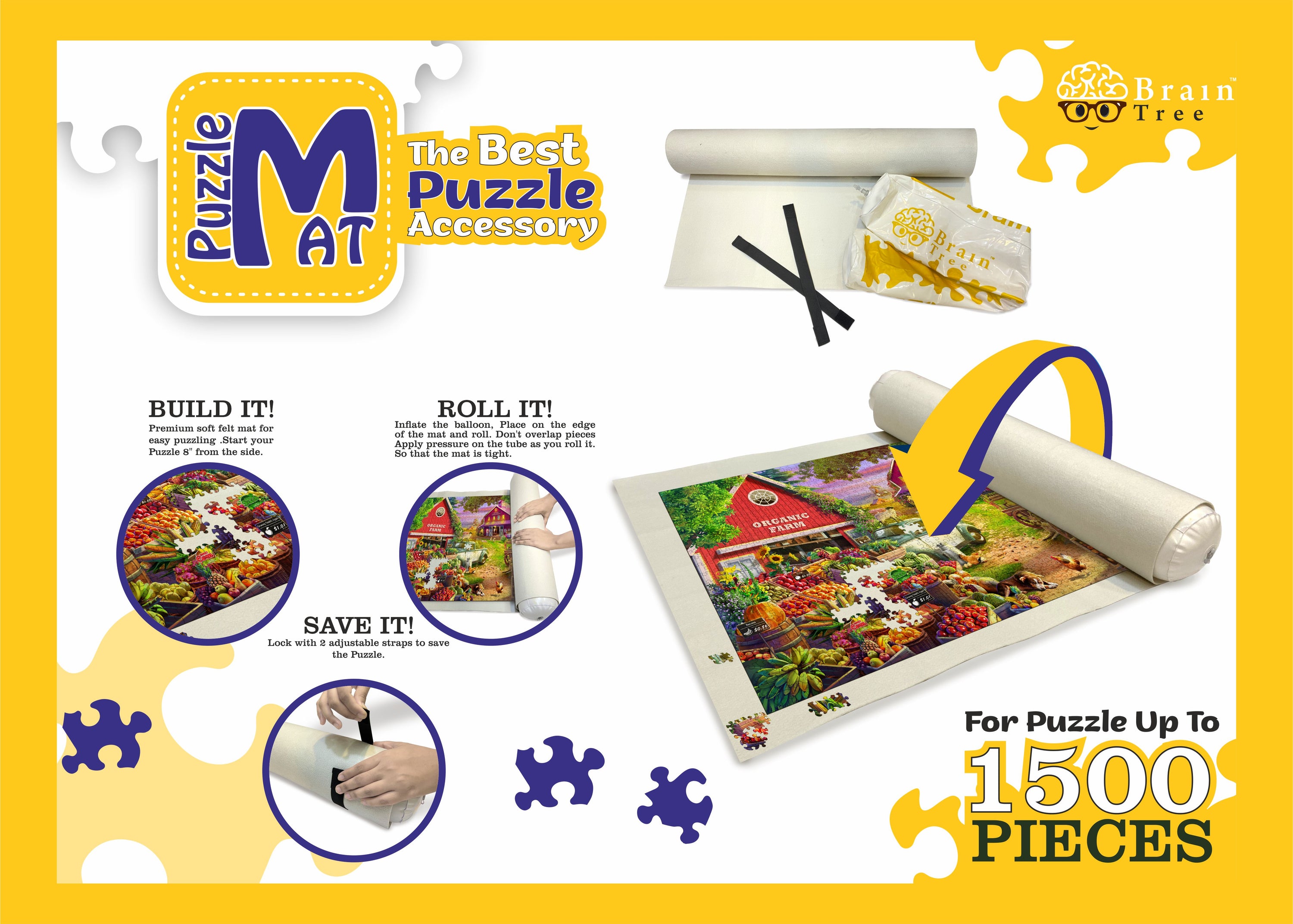 A rolled-up puzzle mat with adjustable straps, showcasing its portability and convenience for puzzle enthusiasts.