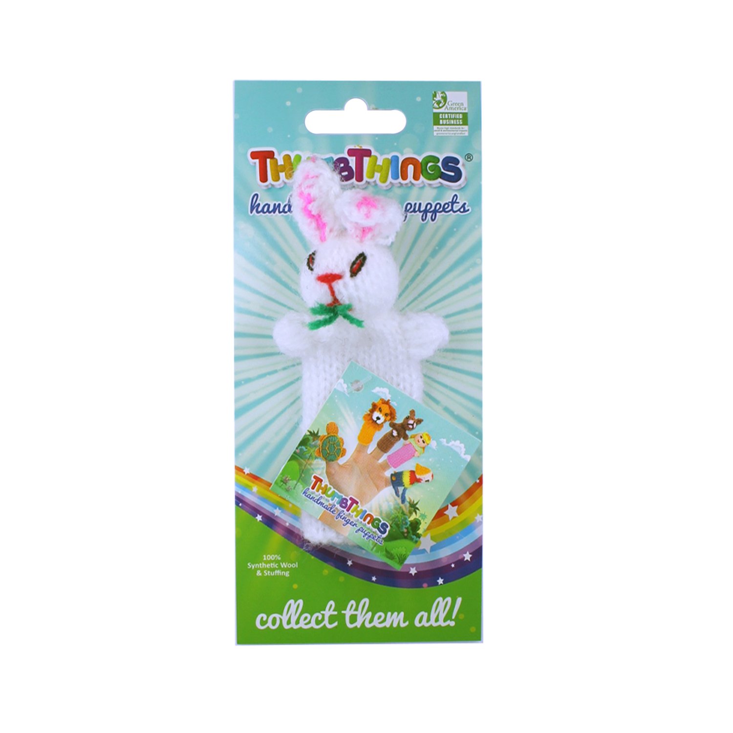 Eco-friendly Rabbit Finger Puppet handcrafted by Peruvian artisans, showcasing vibrant colors and unique design.