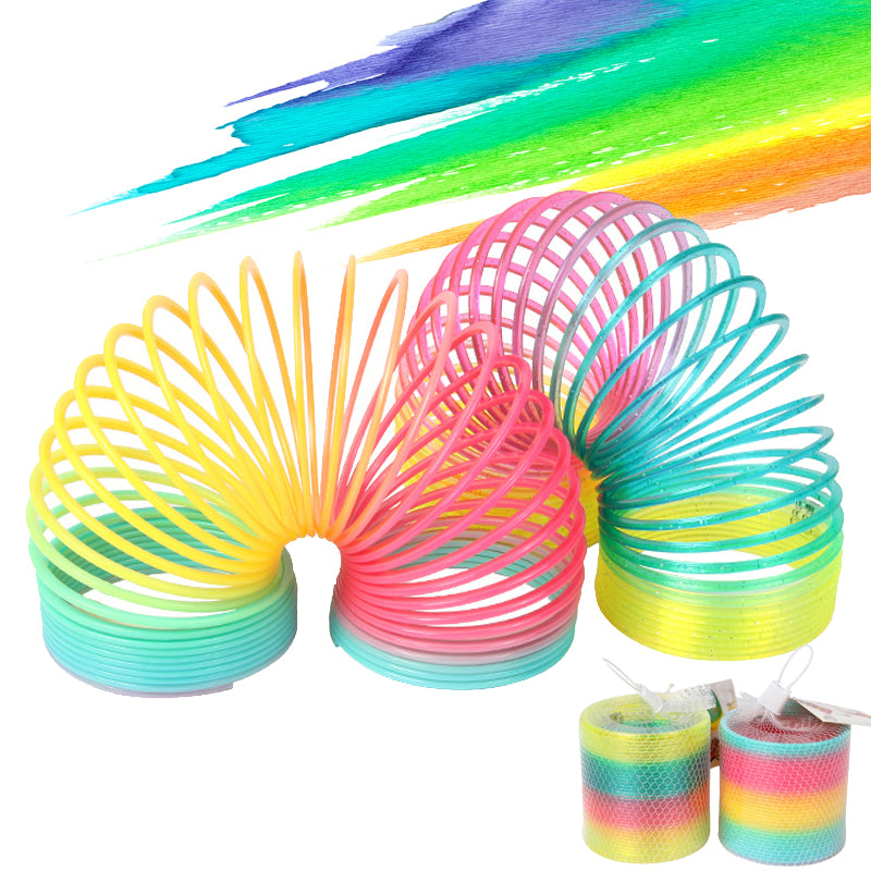 Colorful Rainbow Spring Coil Toy made of high-quality plastic, showcasing its vibrant design and compact size.