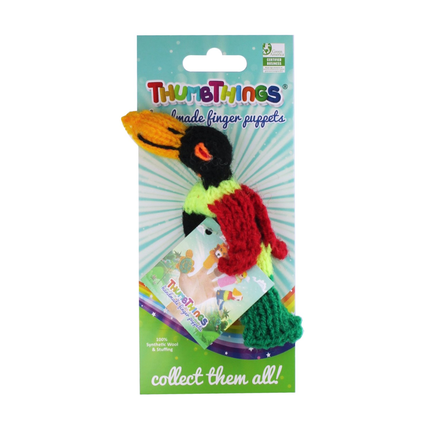 Colorful Rainforest Toucan Finger Puppet handcrafted by Peruvian artisans, showcasing unique design and eco-friendly materials.
