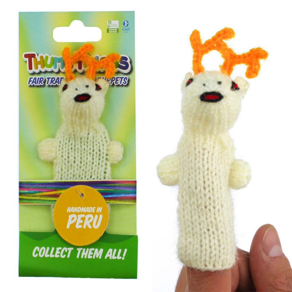 Handcrafted white reindeer finger puppet, eco-friendly and unique, perfect for imaginative play and holiday gifting.