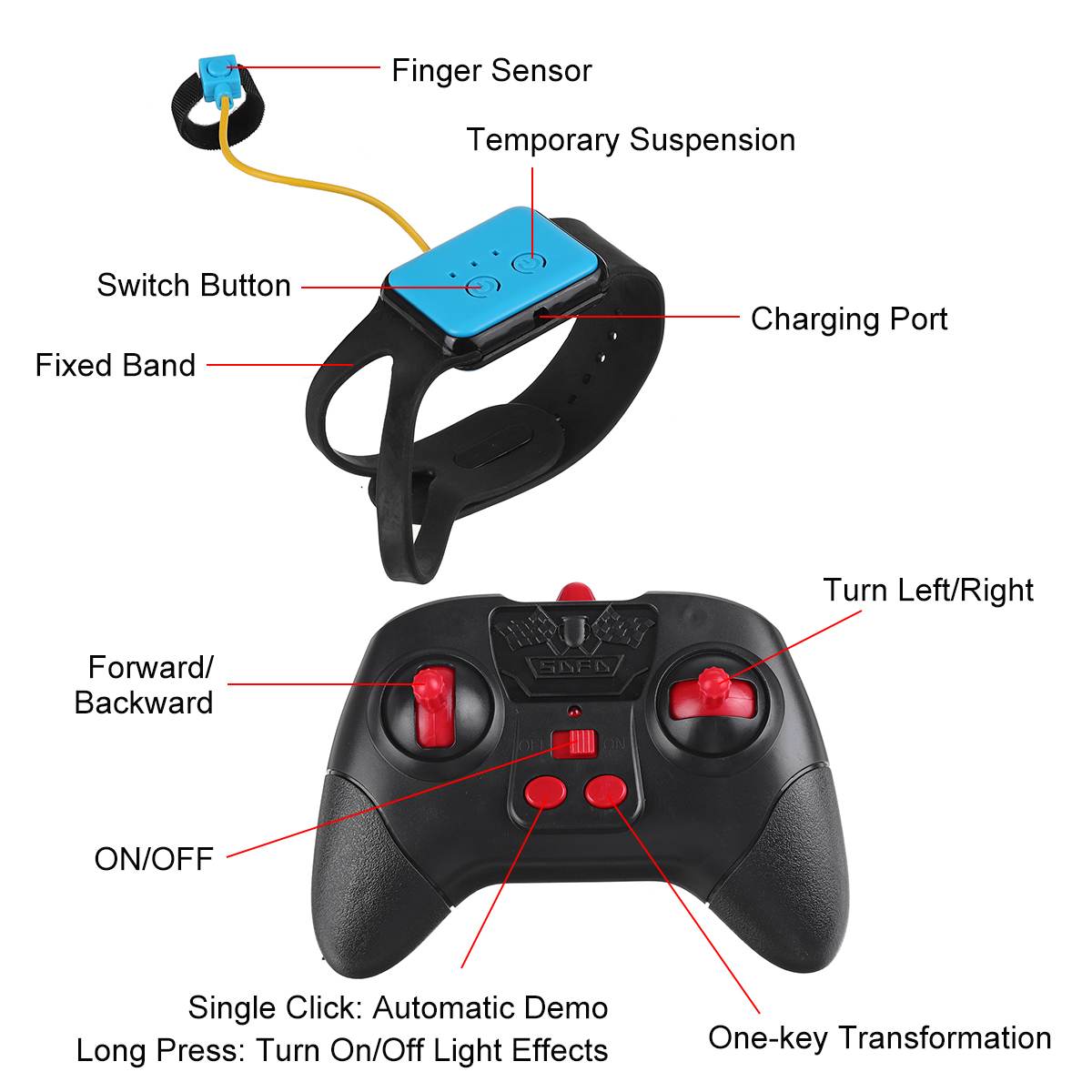 Remote RC 4WD Stunt Toy Car in vibrant red and blue colors, showcasing its sleek design and rugged tires, perfect for performing stunts.