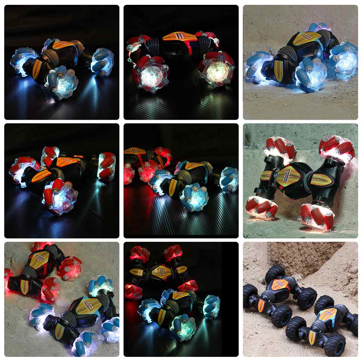 Remote RC 4WD Stunt Toy Car in vibrant red and blue colors, showcasing its sleek design and rugged tires, perfect for performing stunts.