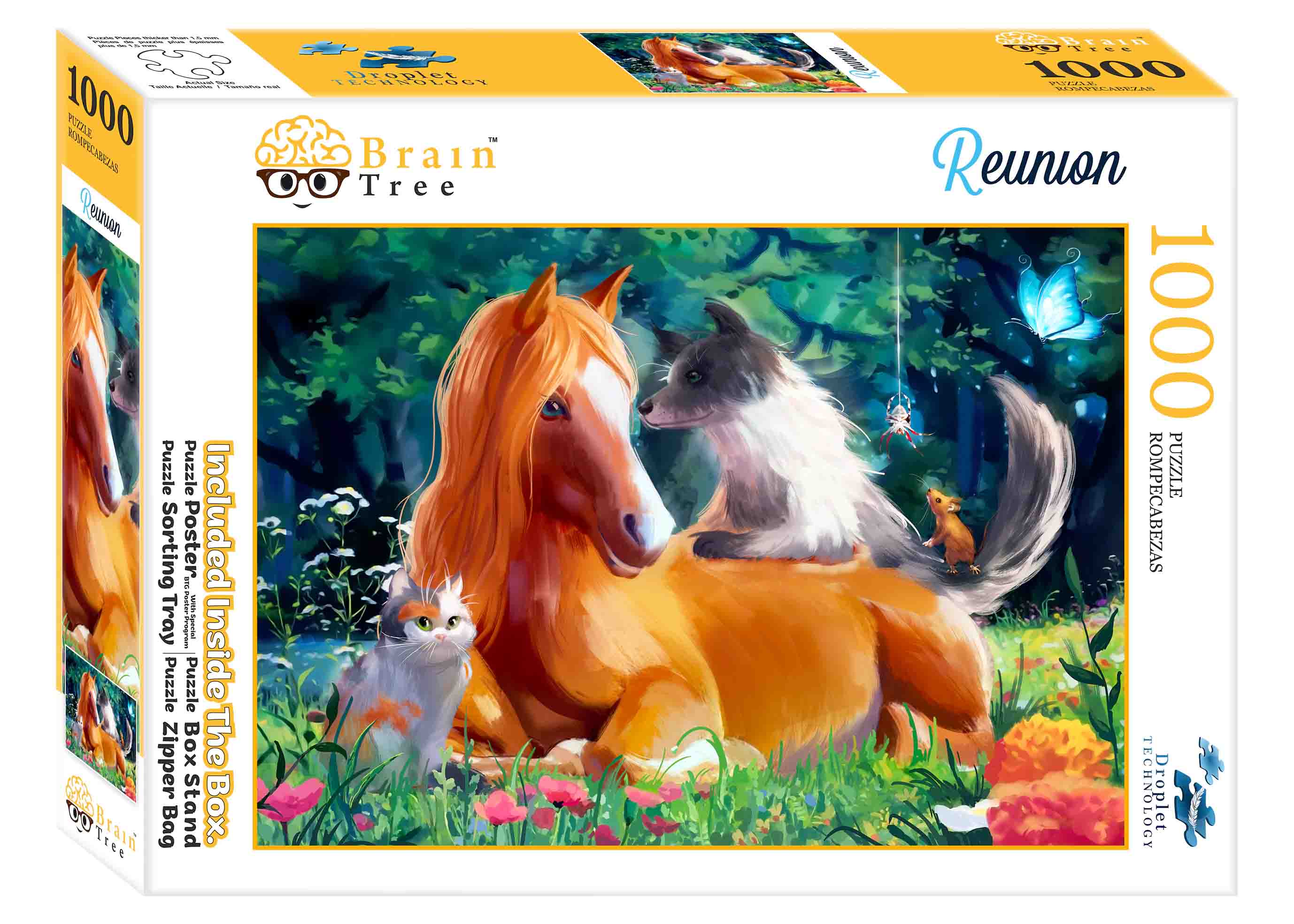 Reunion Jigsaw Puzzle featuring a horse, cat, and dog in a colorful scene, showcasing the bond of friendship.