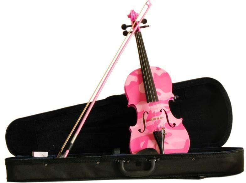 Rozanna's Camo Violin Outfit featuring pink and green glitter designs with crystal details, complete with bow and case.