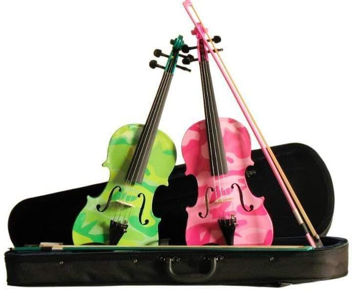 Rozanna's Camo Violin Outfit featuring pink and green glitter designs with crystal details, complete with bow and case.