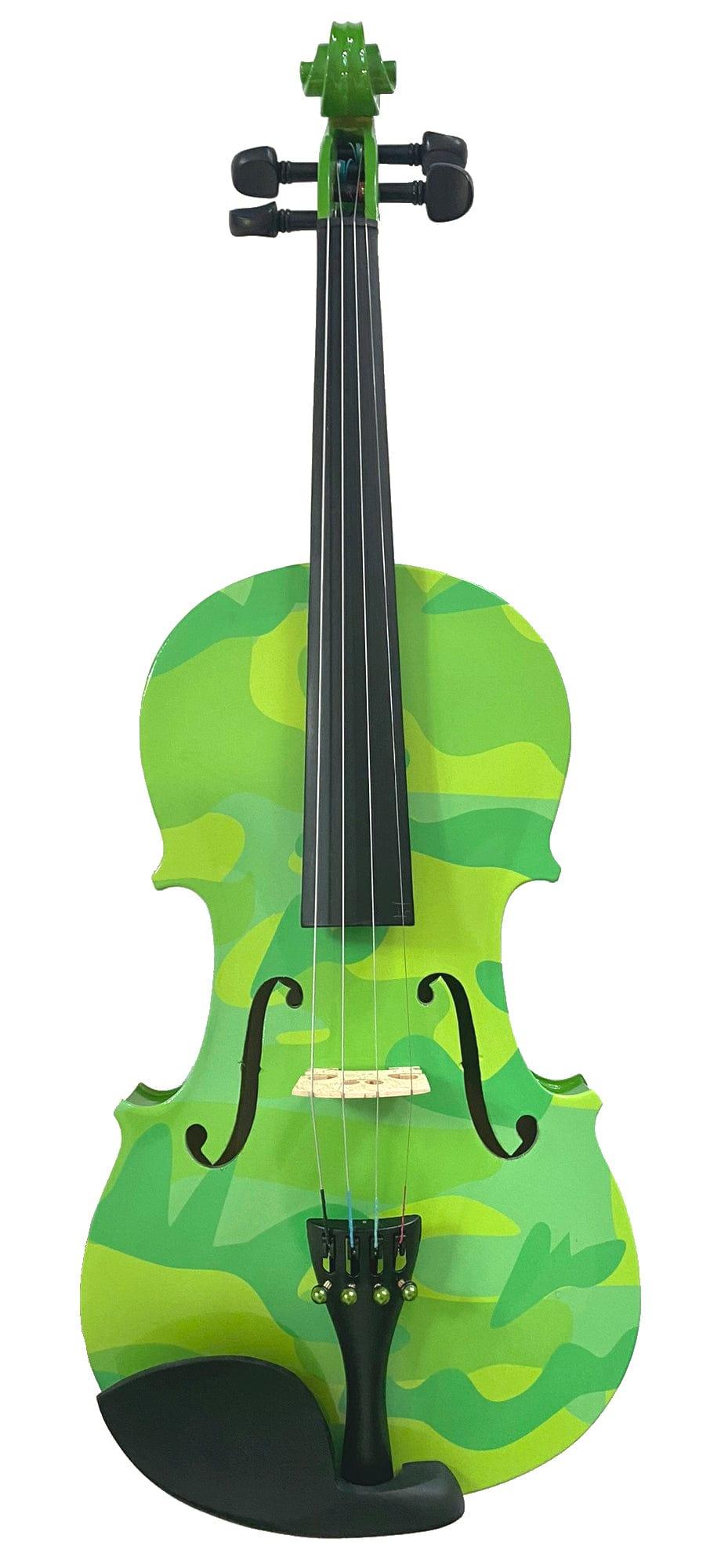 Rozanna's Camo Violin Outfit featuring pink and green glitter designs with crystal details, complete with bow and case.