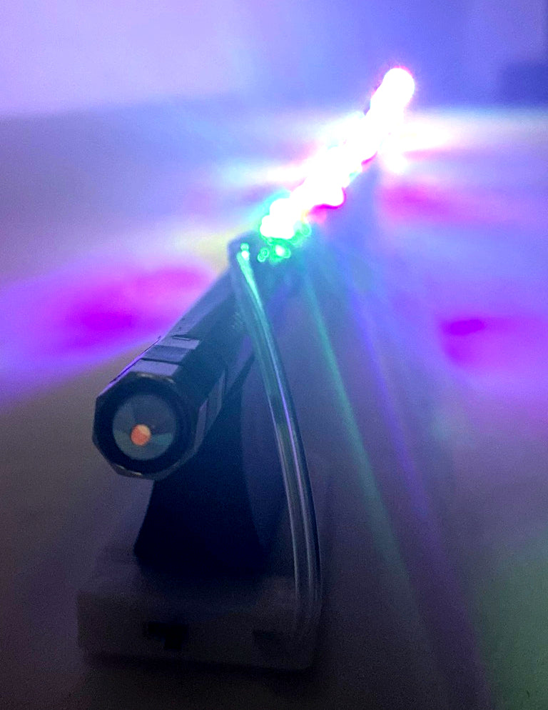 Rozanna's Cello Multi Color Glow Bow featuring vibrant mini lights and quality Brazilwood construction with ebony fittings.