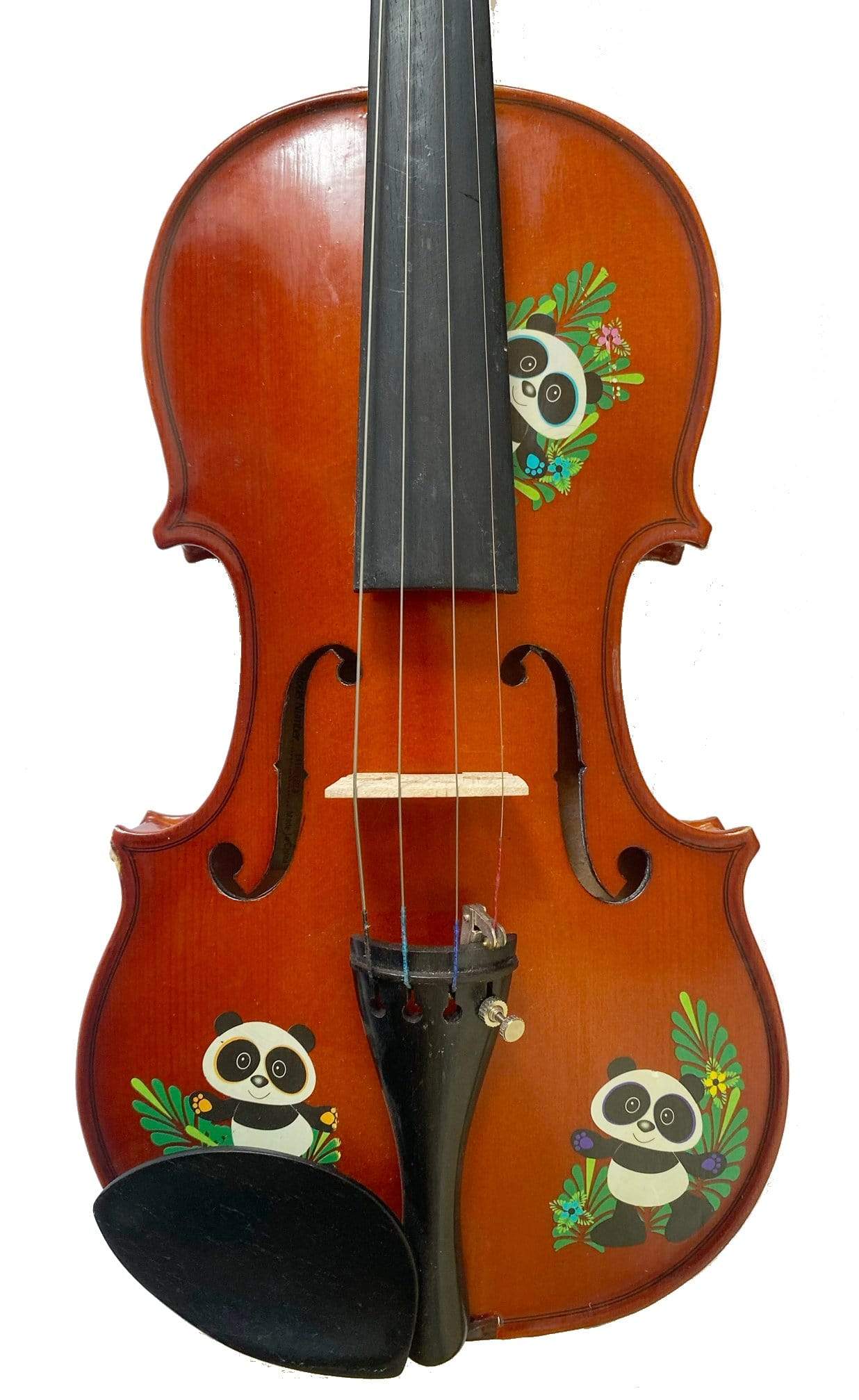 Rozanna's Panda Bear B Stock Violin Outfit featuring a cute panda design, maple back and sides, and solid spruce top, ready for young musicians.