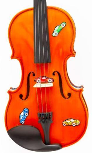 Rozanna's Race Car Violin Outfit 1/8 featuring playful race car designs, solid spruce top, and a sturdy case.