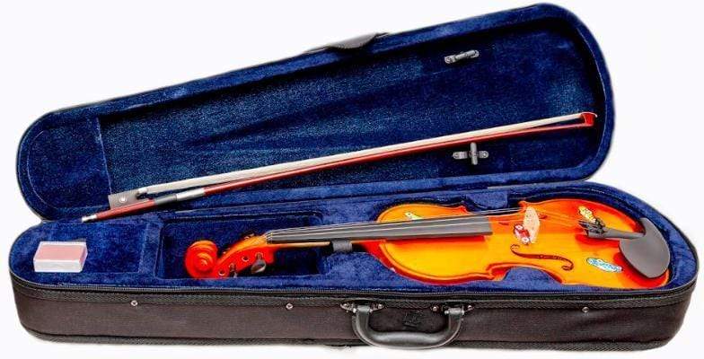 Rozanna's Race Car Violin Outfit 1/8 featuring playful race car designs, solid spruce top, and a sturdy case.