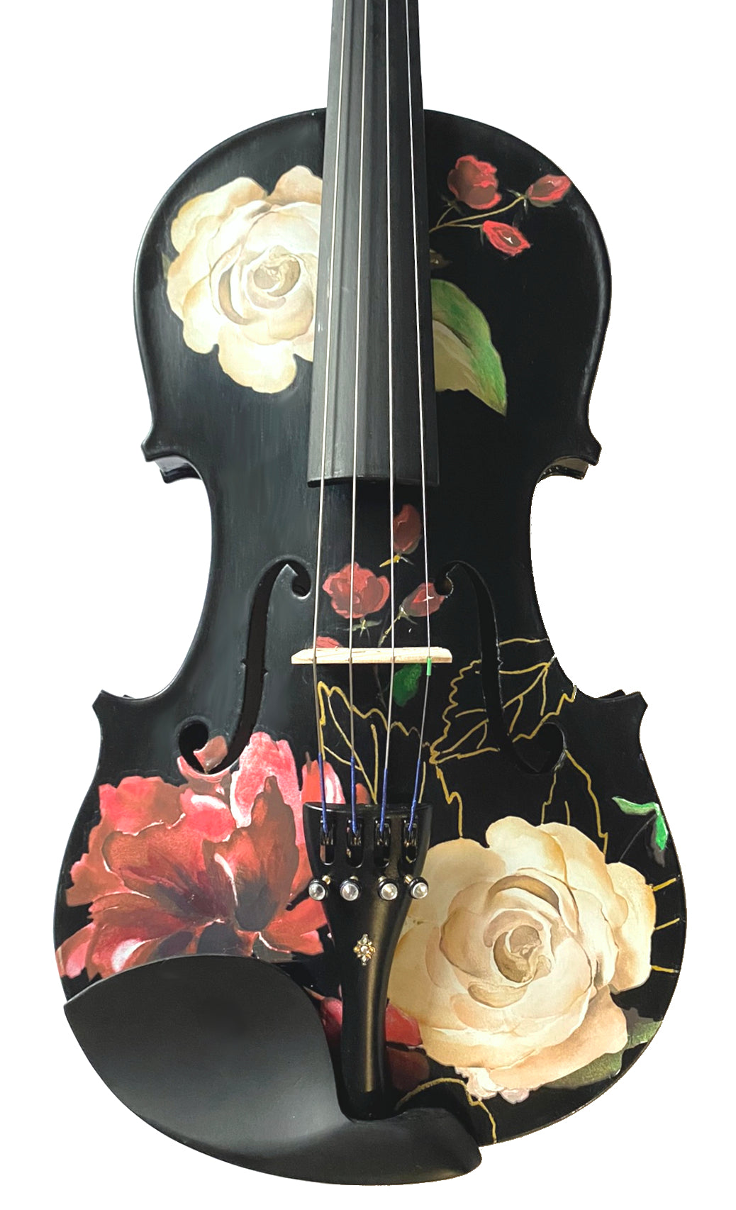 Rozanna's Rose Delight III Violin Outfit featuring a stunning red and white rose design, black carbon fiber bow, and elegant case.