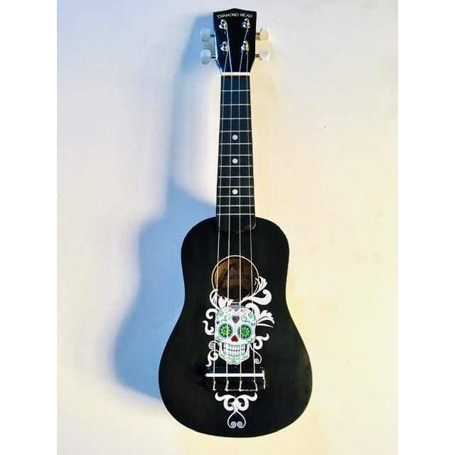 Rozanna's Sugar Skull Mariachi Ukulele featuring vibrant sugar skull design and Swarovski crystals, showcasing artistic craftsmanship.