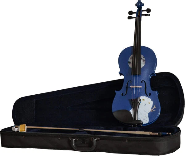 Rozanna's Mystic Owl Blue Glitter Violin featuring a solid spruce top, blue glitter finish, and unique owl artwork with a matching blue bow.