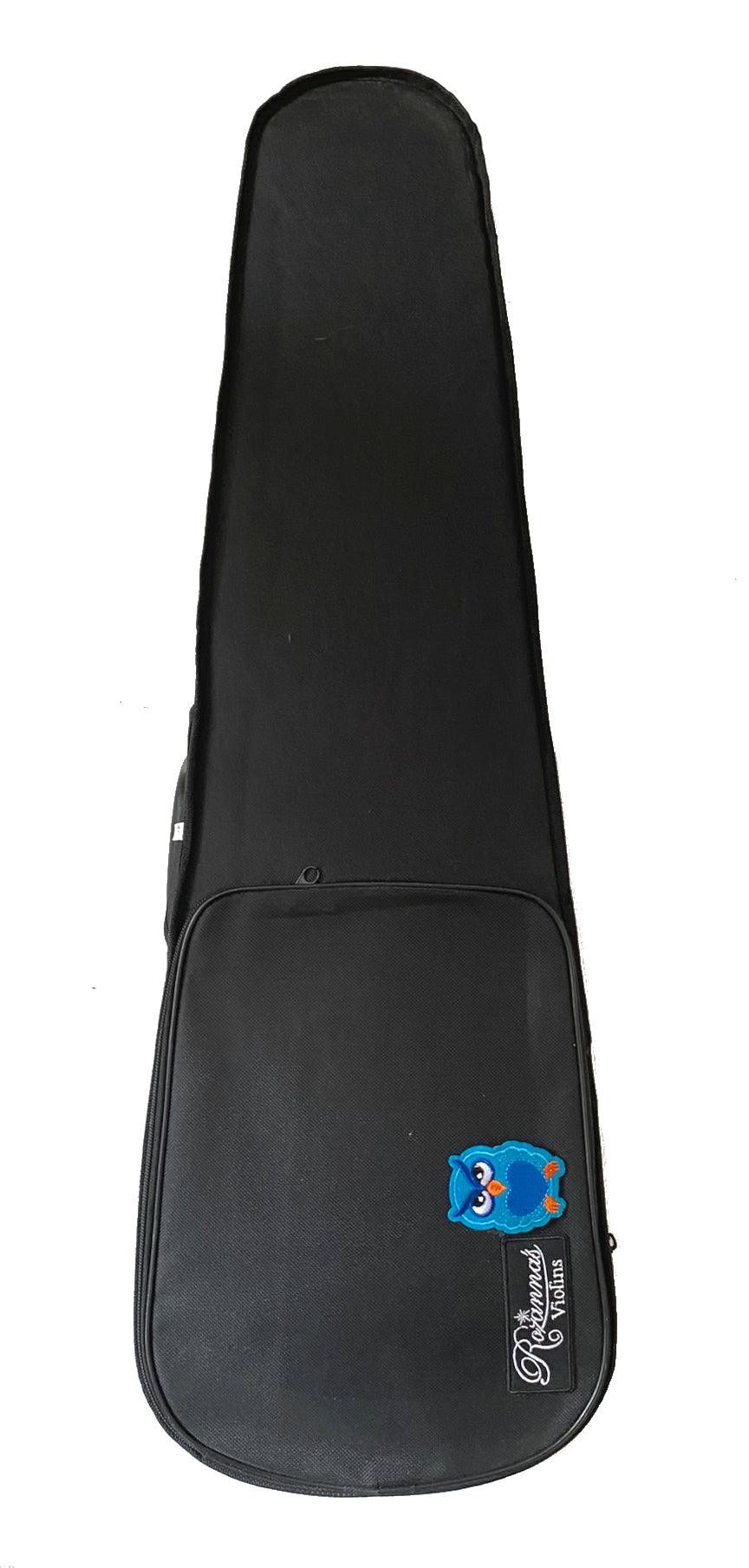 Rozanna's Mystic Owl Blue Glitter Violin featuring a solid spruce top, blue glitter finish, and unique owl artwork with a matching blue bow.