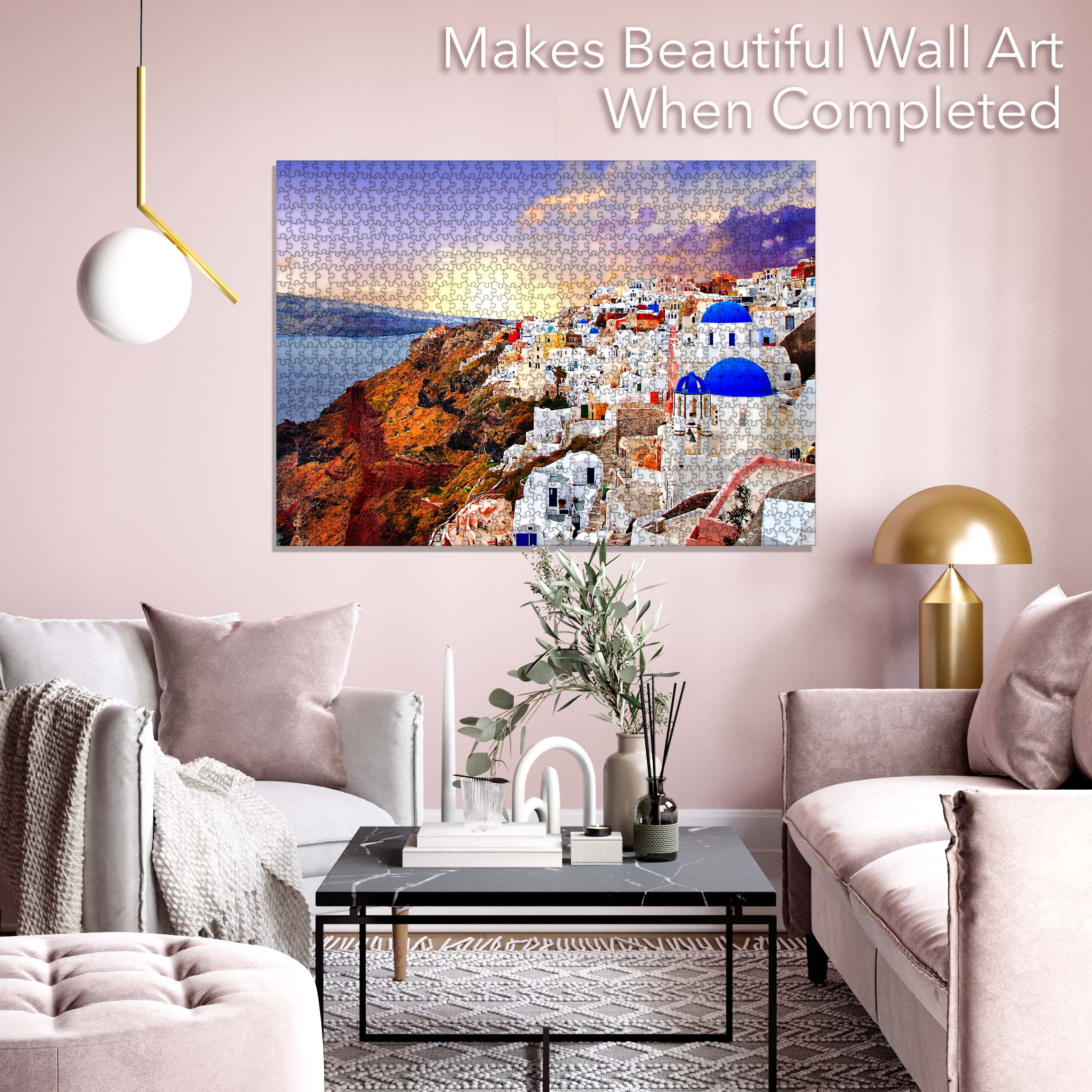 Santorini Jigsaw Puzzle showcasing vibrant sea views and unique architectural designs, perfect for puzzle enthusiasts.