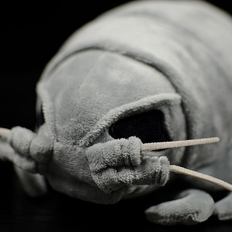 A realistic stuffed animal toy resembling a giant isopod, featuring soft velvet fabric and meticulous detailing, perfect for kids and collectors.