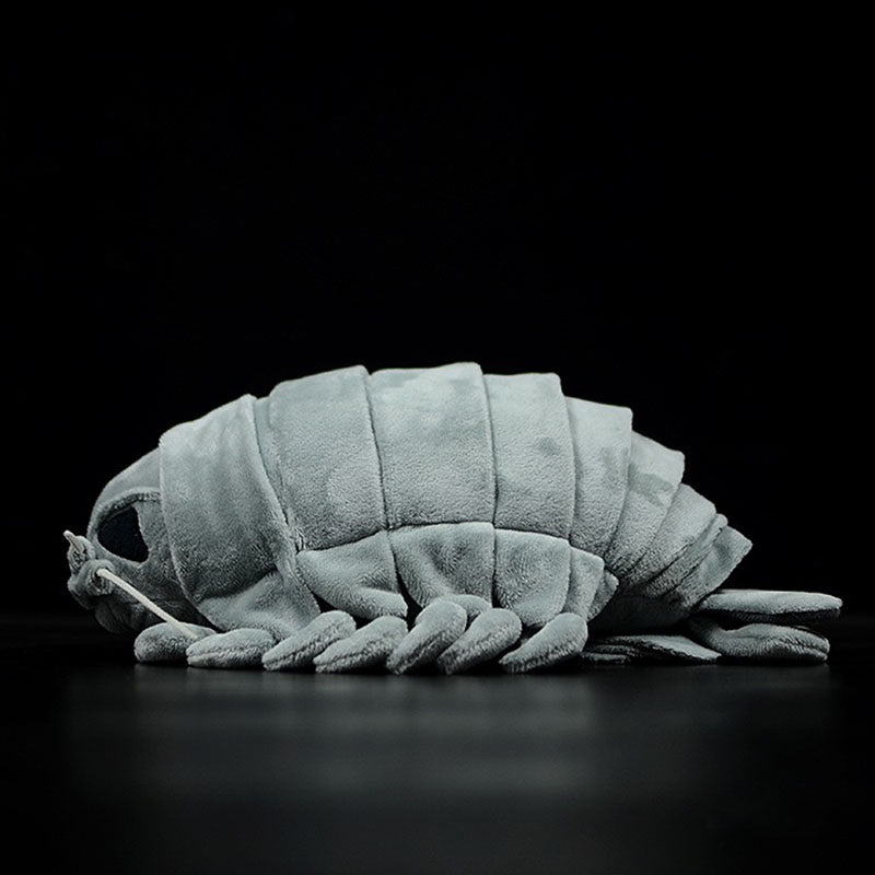 A realistic stuffed animal toy resembling a giant isopod, featuring soft velvet fabric and meticulous detailing, perfect for kids and collectors.