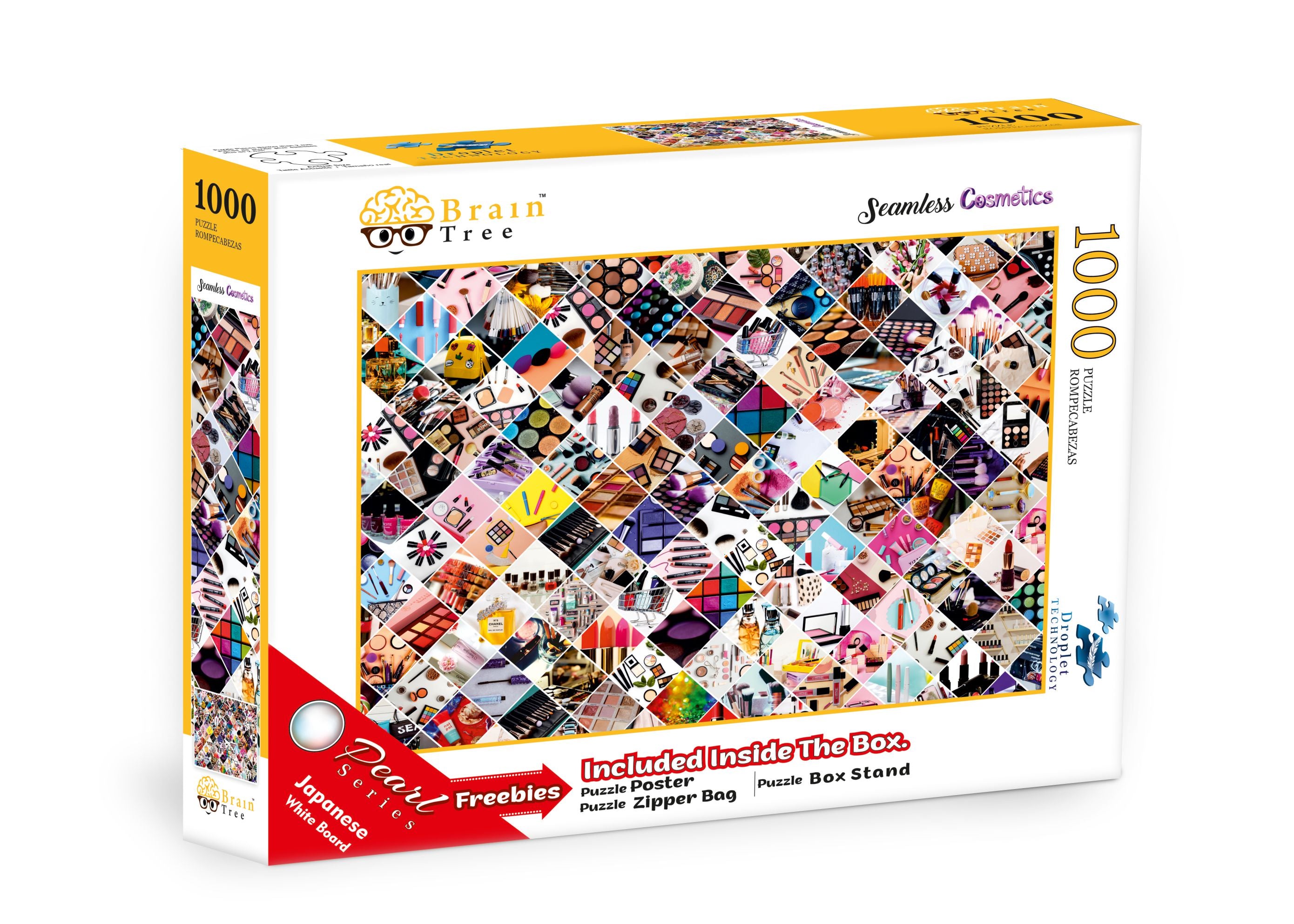 Seamless Cosmetics Jigsaw Puzzle featuring colorful cosmetic-themed collage art with 1000 unique pieces.
