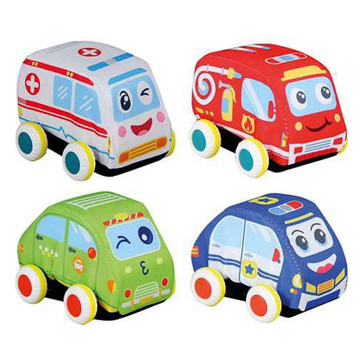 Colorful cartoon toy vehicles.