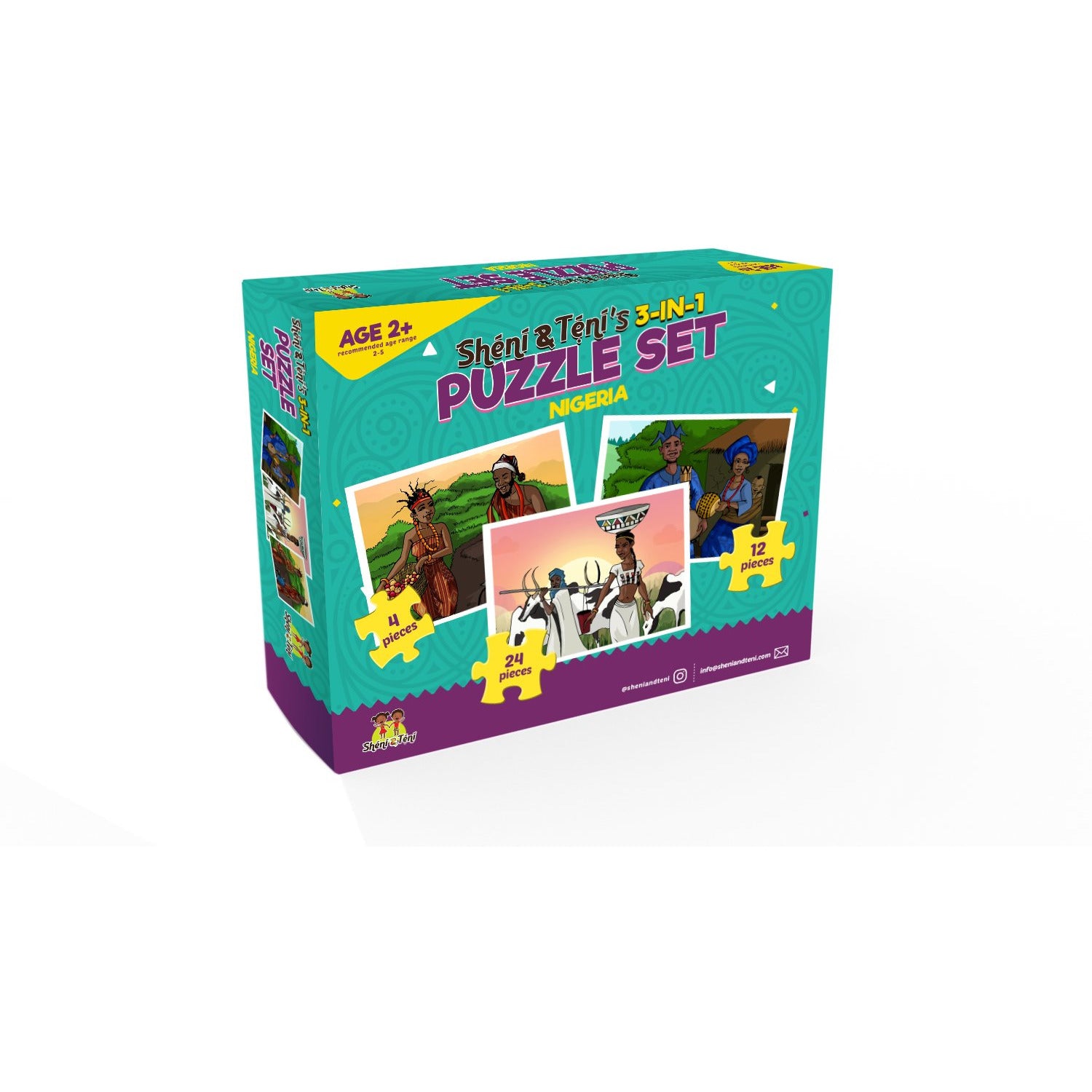 Sheni and Teni's 3-in-1 Puzzle Set featuring vibrant illustrations of Nigerian cultures and tribes.