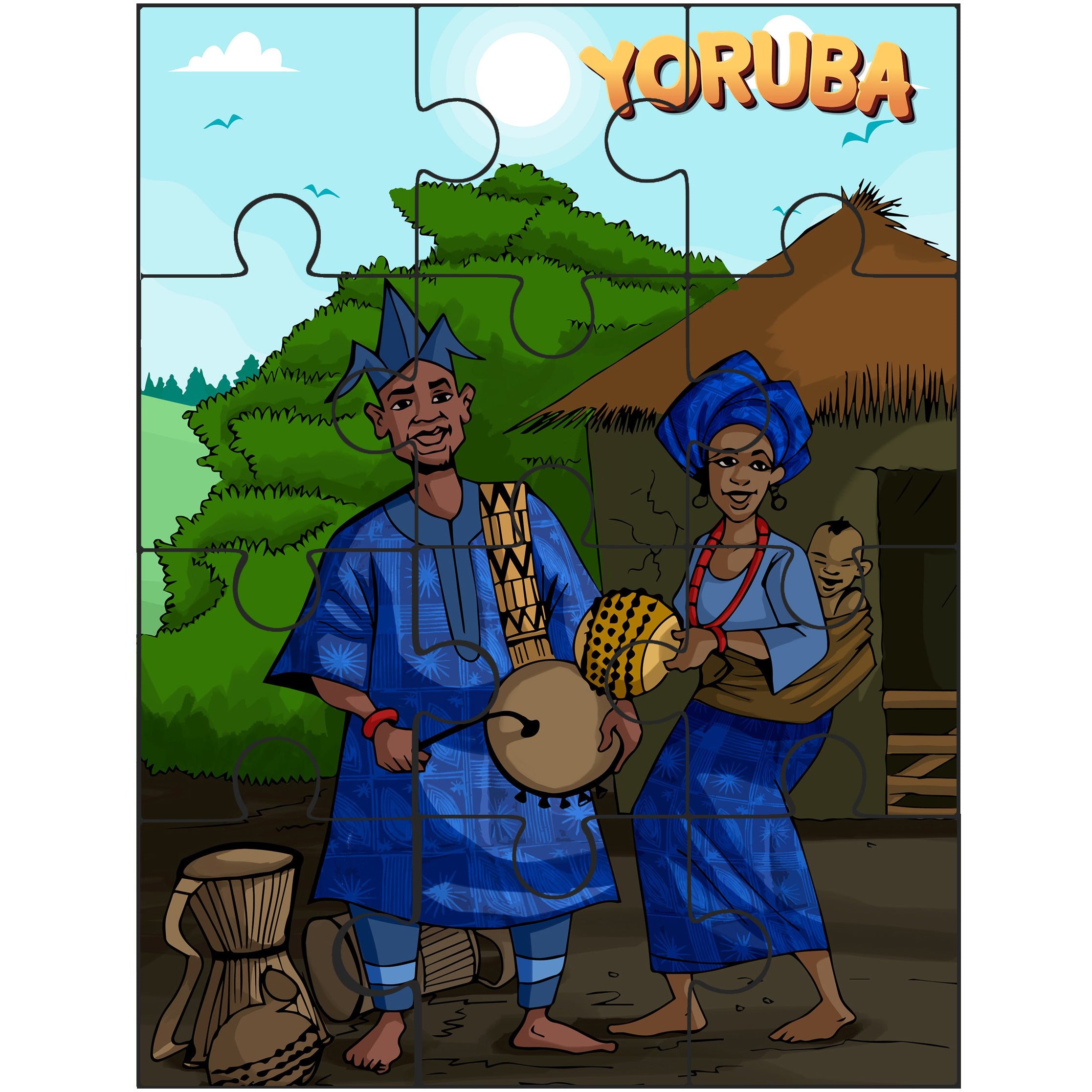 Sheni and Teni's 3-in-1 Puzzle Set featuring vibrant illustrations of Nigerian cultures and tribes.