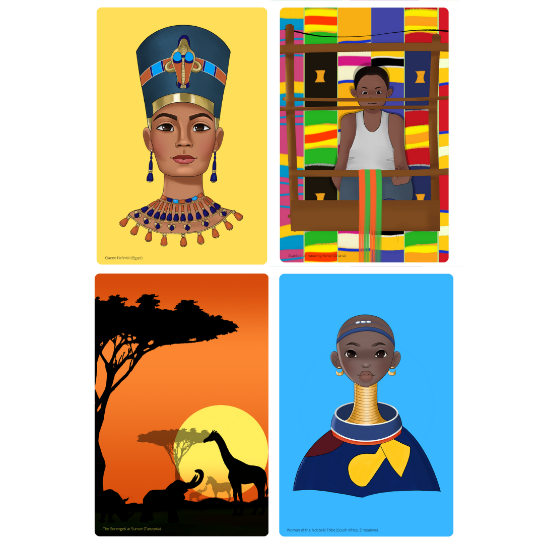 A colorful set of Sheni and Teni's Card Games featuring 46 illustrated cards showcasing African wildlife and culture.