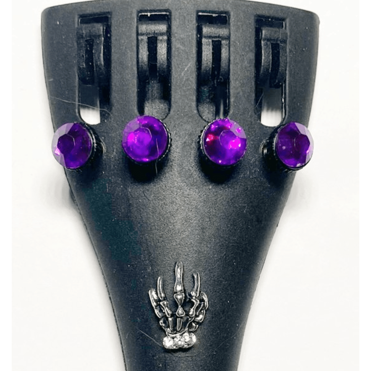 Gothic Skeleton Hand Violin Tailpiece with faux crystal fine tuners, showcasing intricate detailing and elegant design.