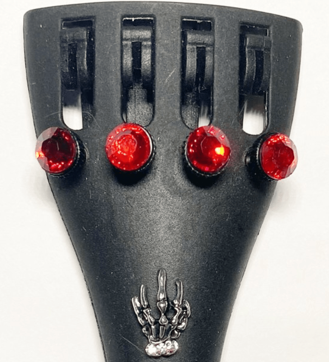 Gothic Skeleton Hand Violin Tailpiece with faux crystal fine tuners, showcasing intricate detailing and elegant design.