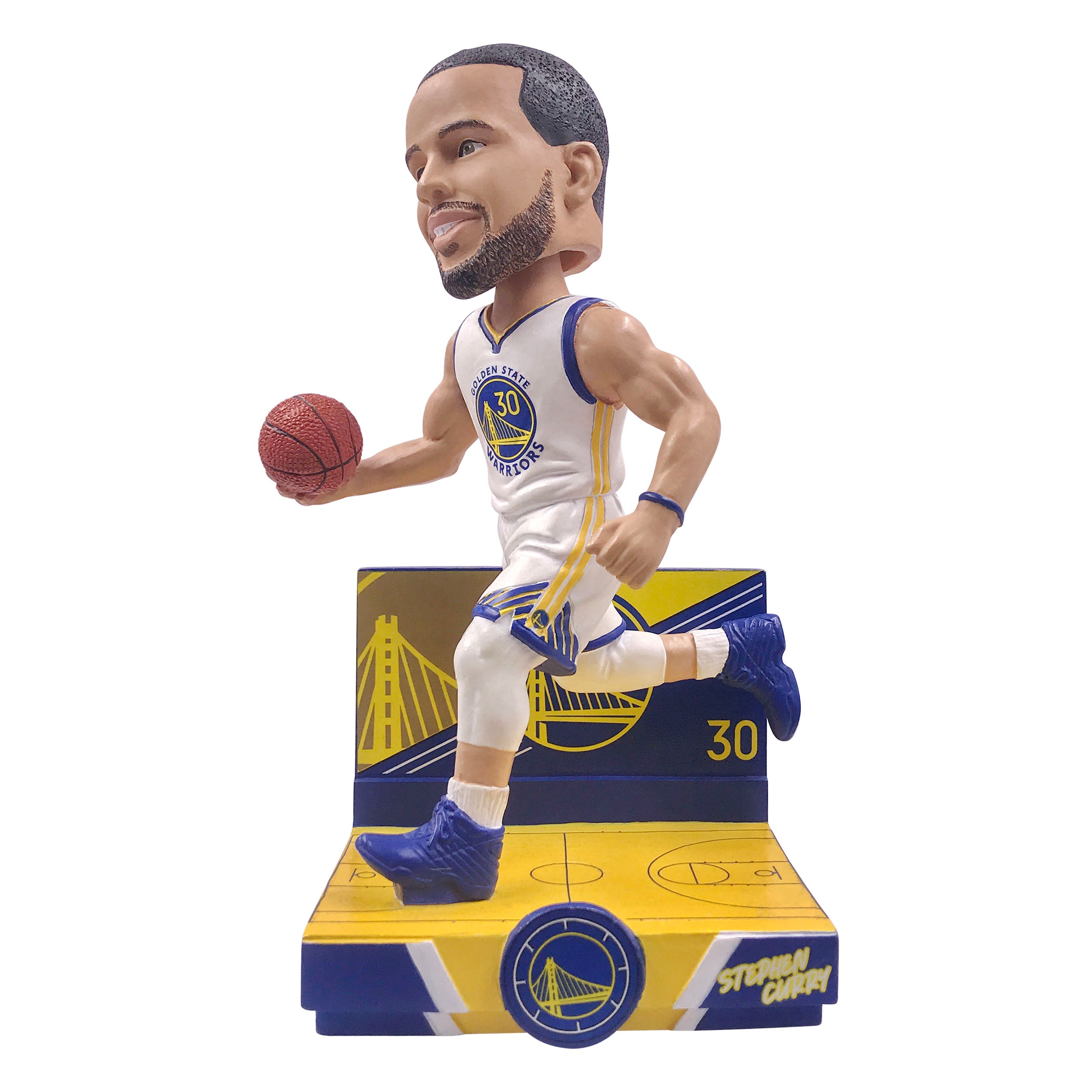 Handcrafted Stephen Curry Golden State Warriors bobblehead, approximately 8 inches tall, showcasing detailed features and vibrant colors.