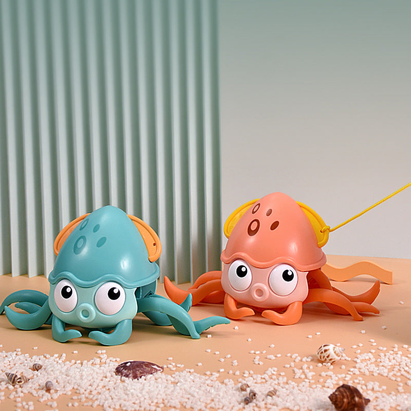 Colorful clockwork octopus bath toy designed for kids, featuring smooth edges and a pull rope for interactive play in water.