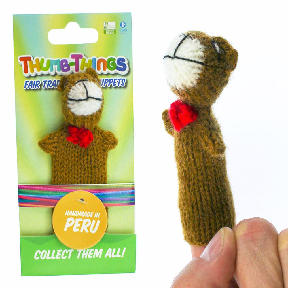 Handcrafted Teddy Bear Finger Puppet with a red bow, made from synthetic wool, perfect for imaginative play.