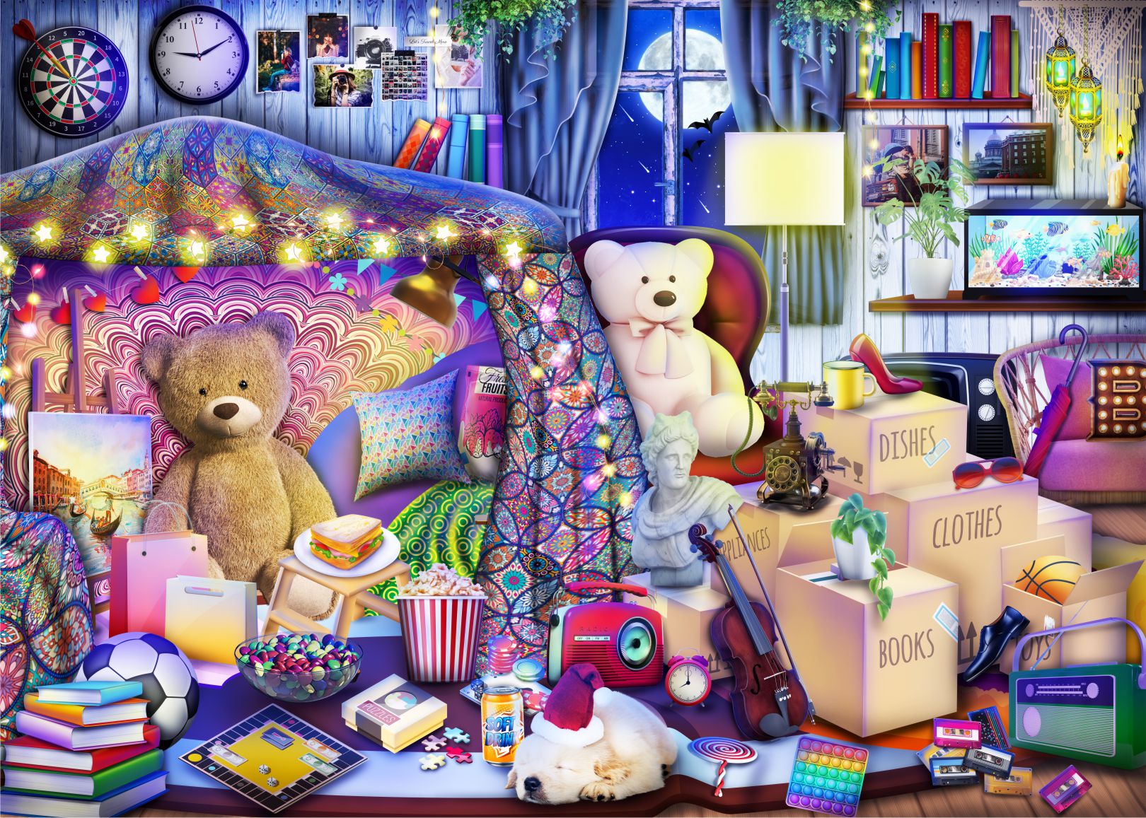 Teddy's Room Jigsaw Puzzle featuring a nostalgic 1980s girl's room filled with toys and colorful objects.