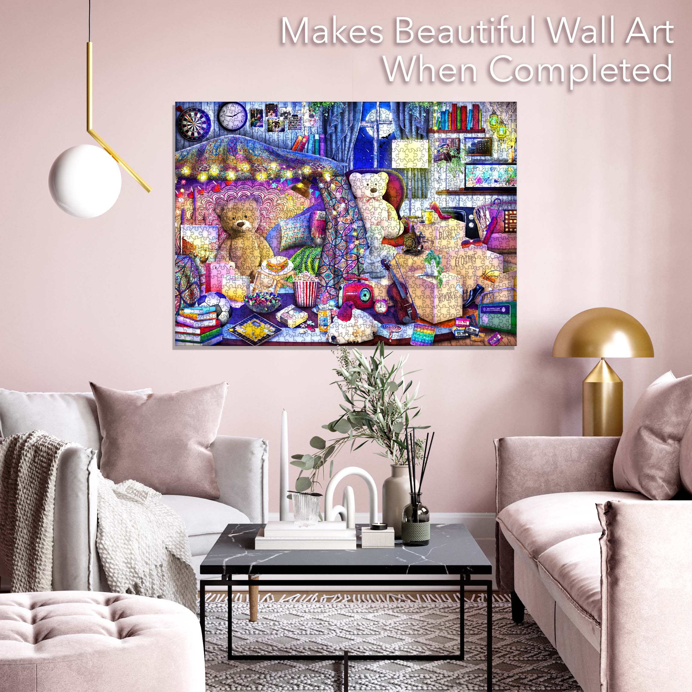 Teddy's Room Jigsaw Puzzle featuring a nostalgic 1980s girl's room filled with toys and colorful objects.