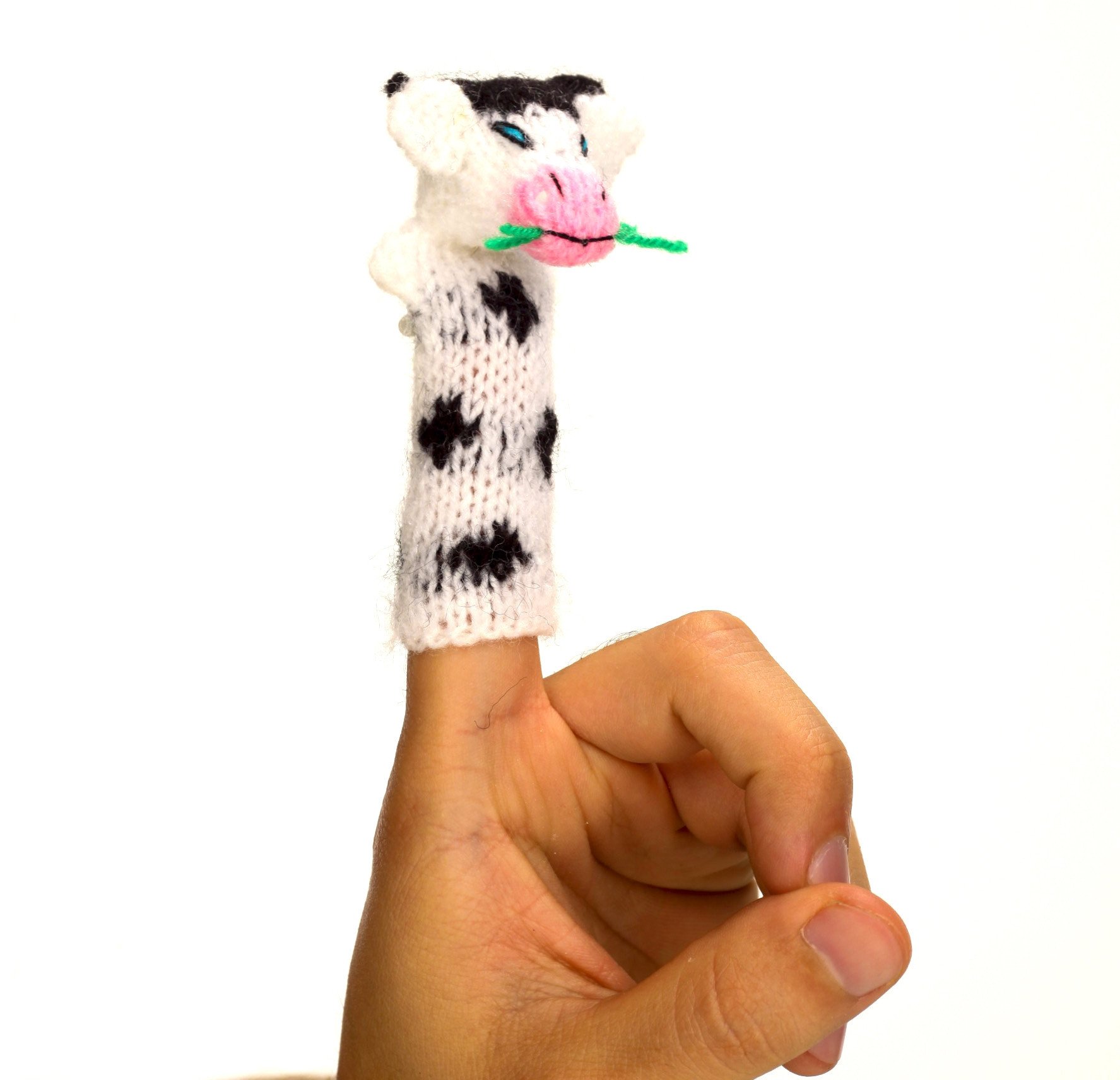 Handcrafted Cow That Jumped Over The Moon finger puppet made from eco-friendly materials, showcasing vibrant colors and unique design.